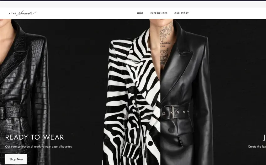 By The Namesake homepage with Ready to wear and Jacket builder sections showing leather jackets in black, zebra print and burgundy